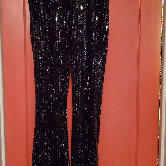 Free People Black Rainbow Sequin Pull On Bell Bottoms - Picture 2 of 3
